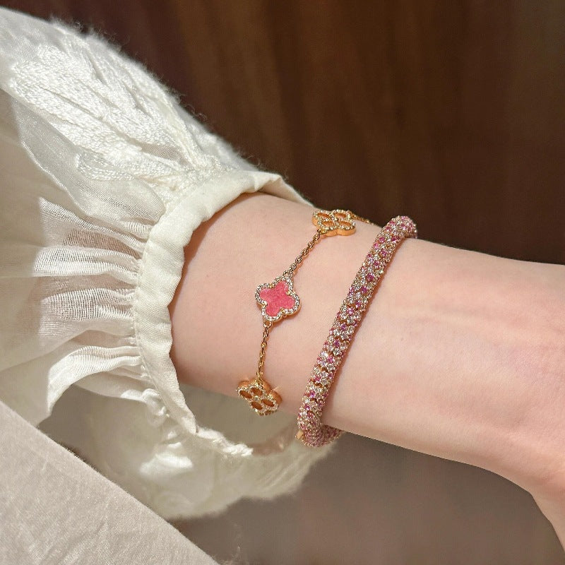 Rose Pink Flower Flash Diamond Clover Bracelet Necklace Earrings