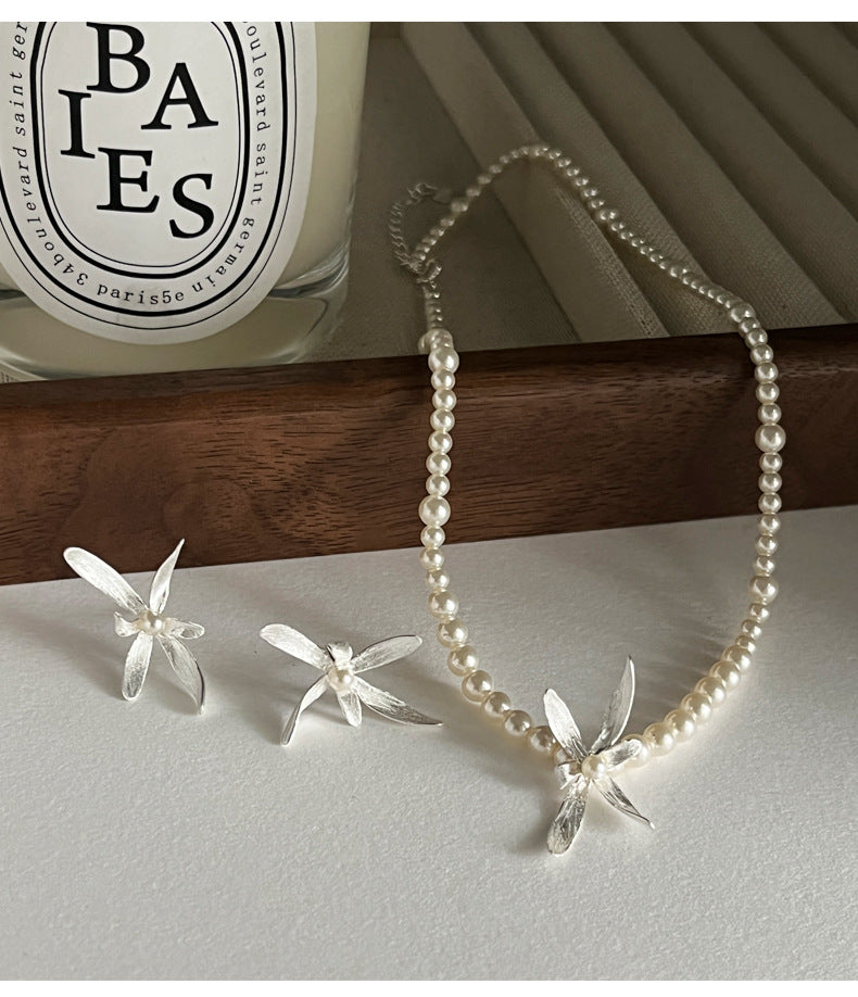 925 Sterling Silver Swarovski Pearl Orchid Necklace Earrings Set