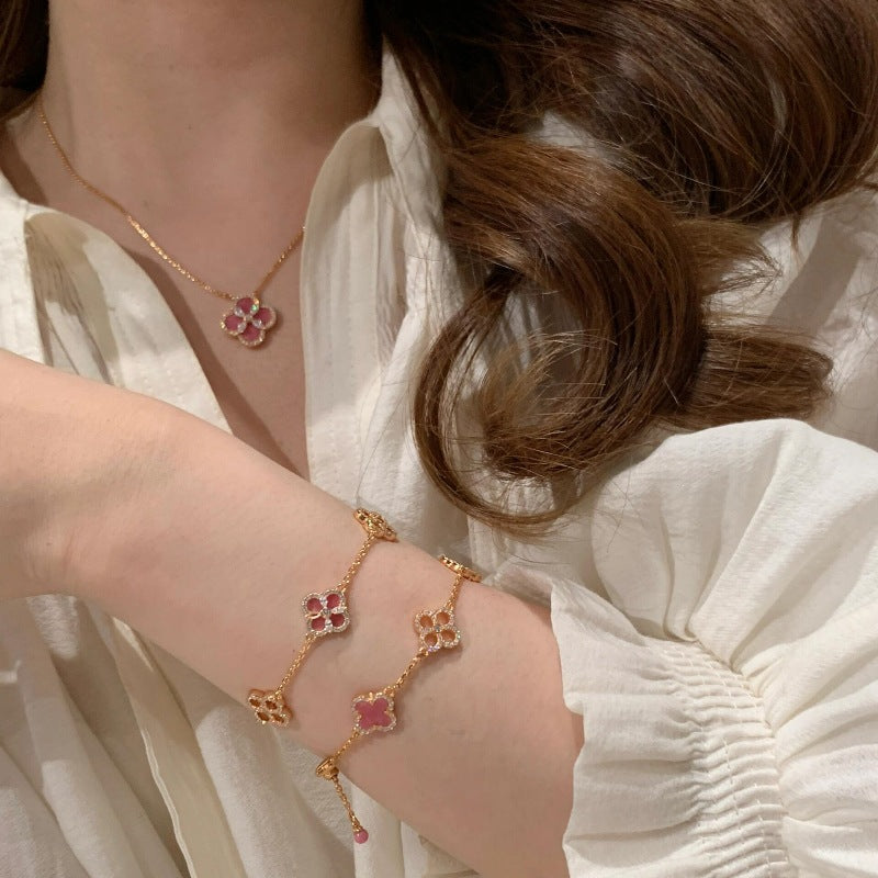 Rose Pink Flower Flash Diamond Clover Bracelet Necklace Earrings