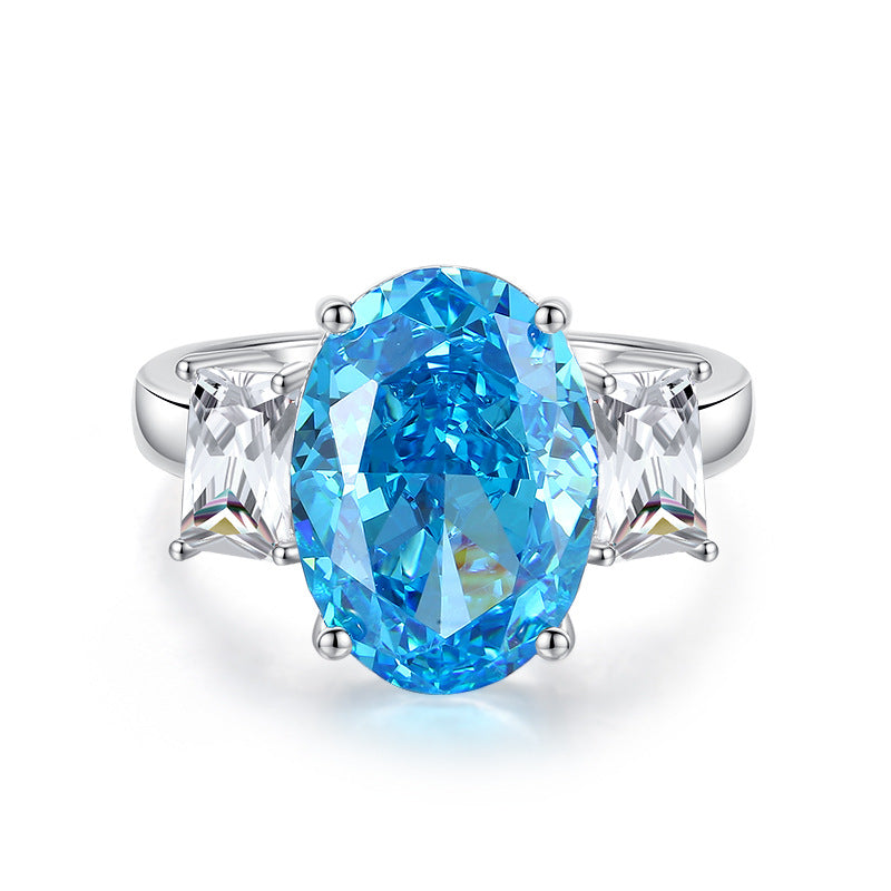S925 Silver High Carbon Diamond Aquamarine 8A Zircon Reddean gem ring