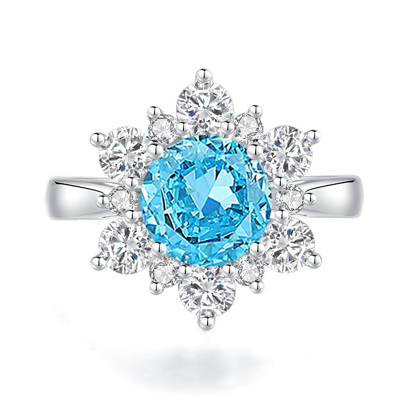 S925 Silver High Carbon Diamond Aquamarine 8A Zircon Reddean gem ring