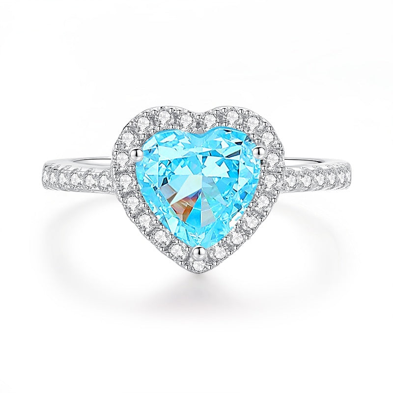 S925 Silver High Carbon Diamond Aquamarine 8A Zircon Reddean gem ring