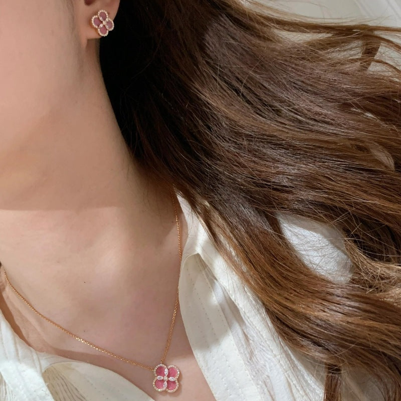 Rose Pink Flower Flash Diamond Clover Bracelet Necklace Earrings