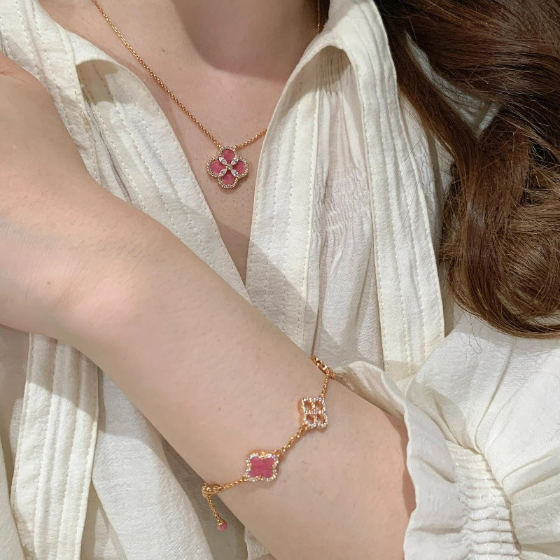 Rose Pink Flower Flash Diamond Clover Bracelet Necklace Earrings