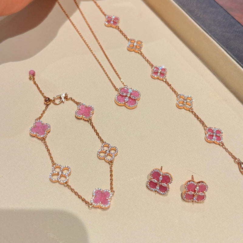 Rose Pink Flower Flash Diamond Clover Bracelet Necklace Earrings