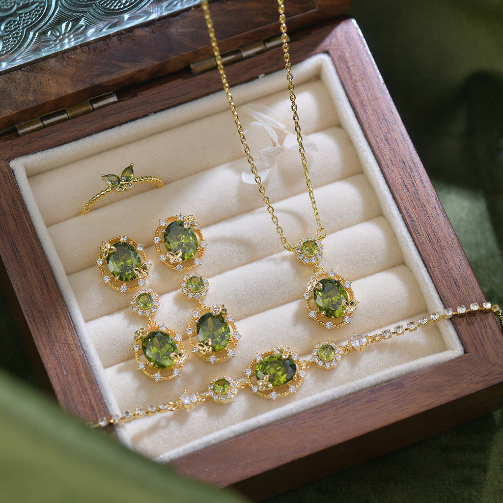 Butterfly olive green zircon hollow earrings ear clip ring bracelet necklace