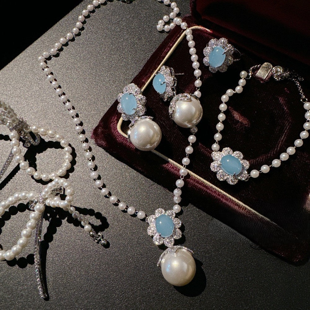 トルコ産ブルーカルセドニー深海真珠花宝石パールネックレスブレスレットリングイヤリングセット