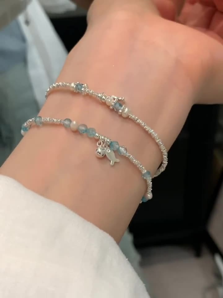 S925スターリングシルバーブルークリスタルフィッシュ淡水パールシルバーブレスレット