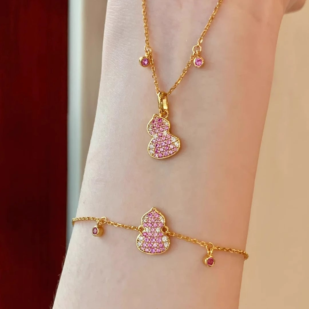 S925 sterling silver micro-inlaid pink gourd necklace bracelet set