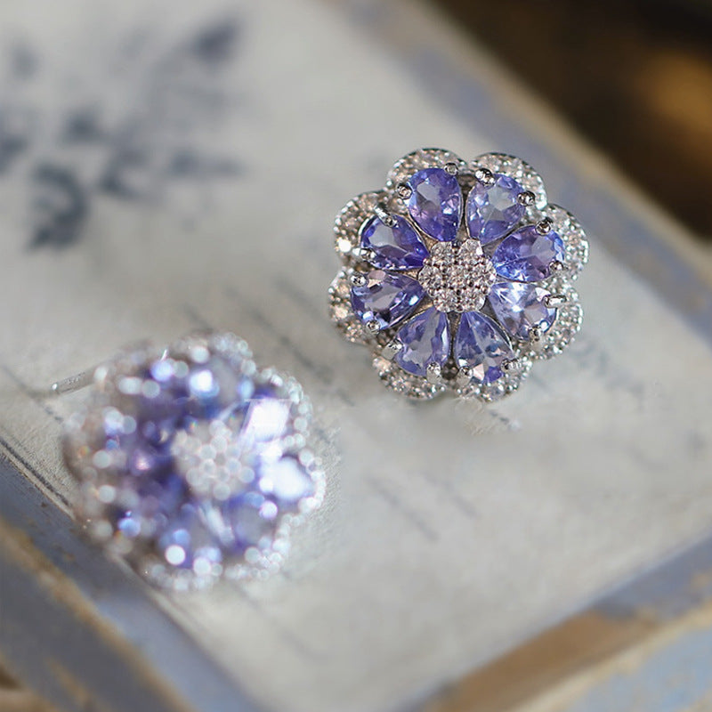 No fading 925 sterling silver natural tanzanite flower earrings