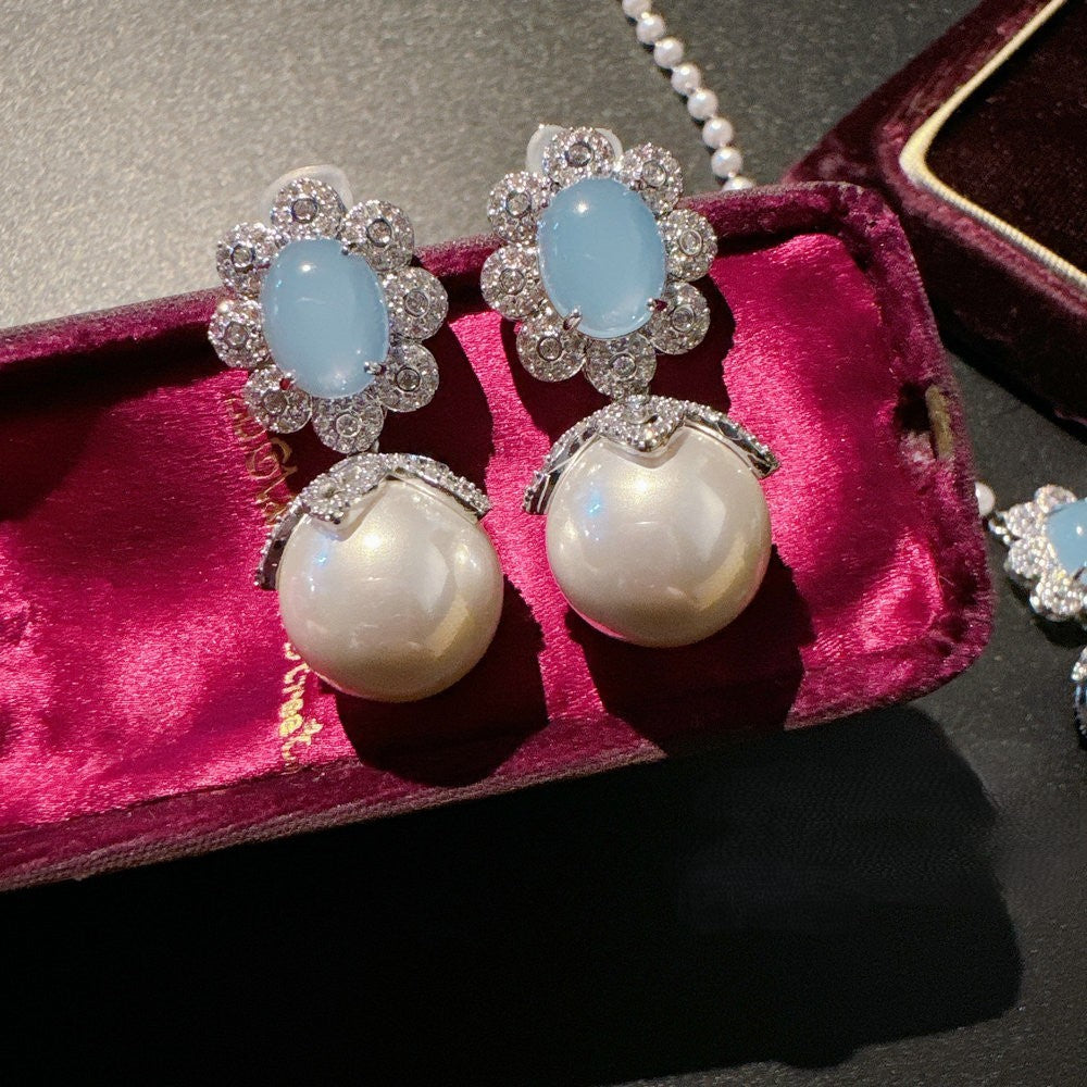トルコ産ブルーカルセドニー深海真珠花宝石パールネックレスブレスレットリングイヤリングセット