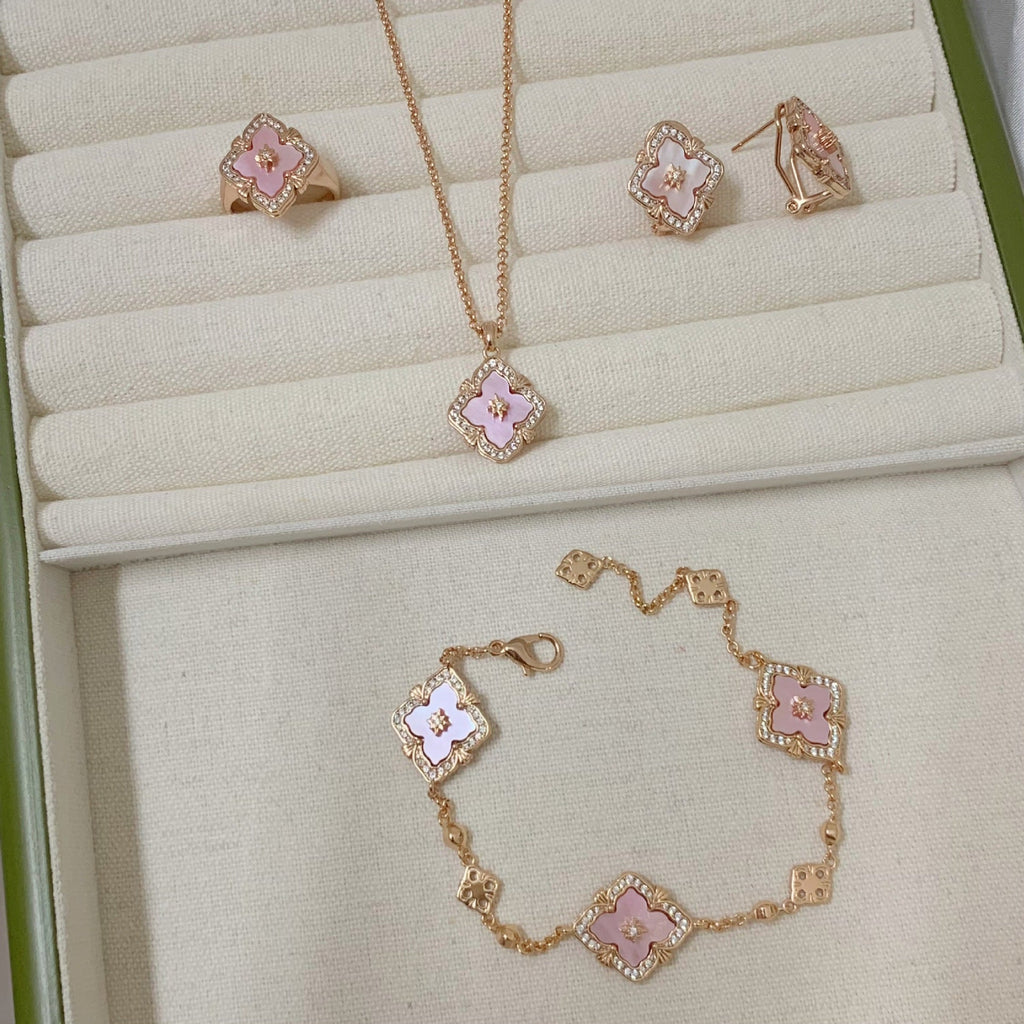 Natural Fritillaria pink clover necklace bracelet ring earrings set