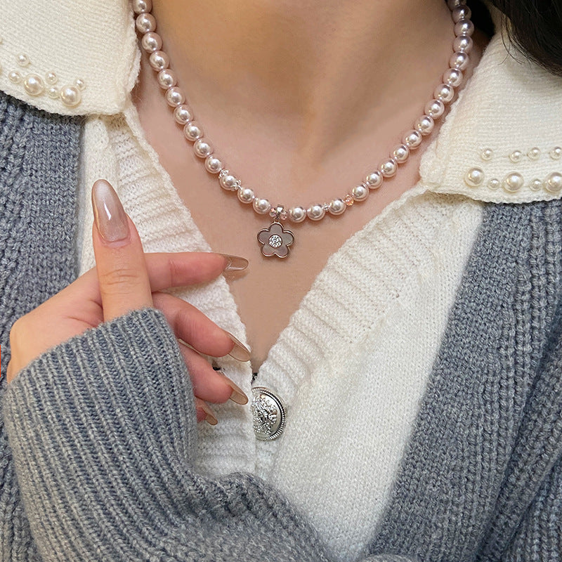 Natural pink Fritillaria Manta rose Swarovski pearl necklace