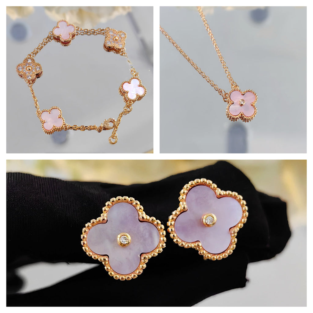 ダイヤモンドをあしらったピンクのフリチラリア四つ葉のクローバーの花のネックレスとイヤリングのセット