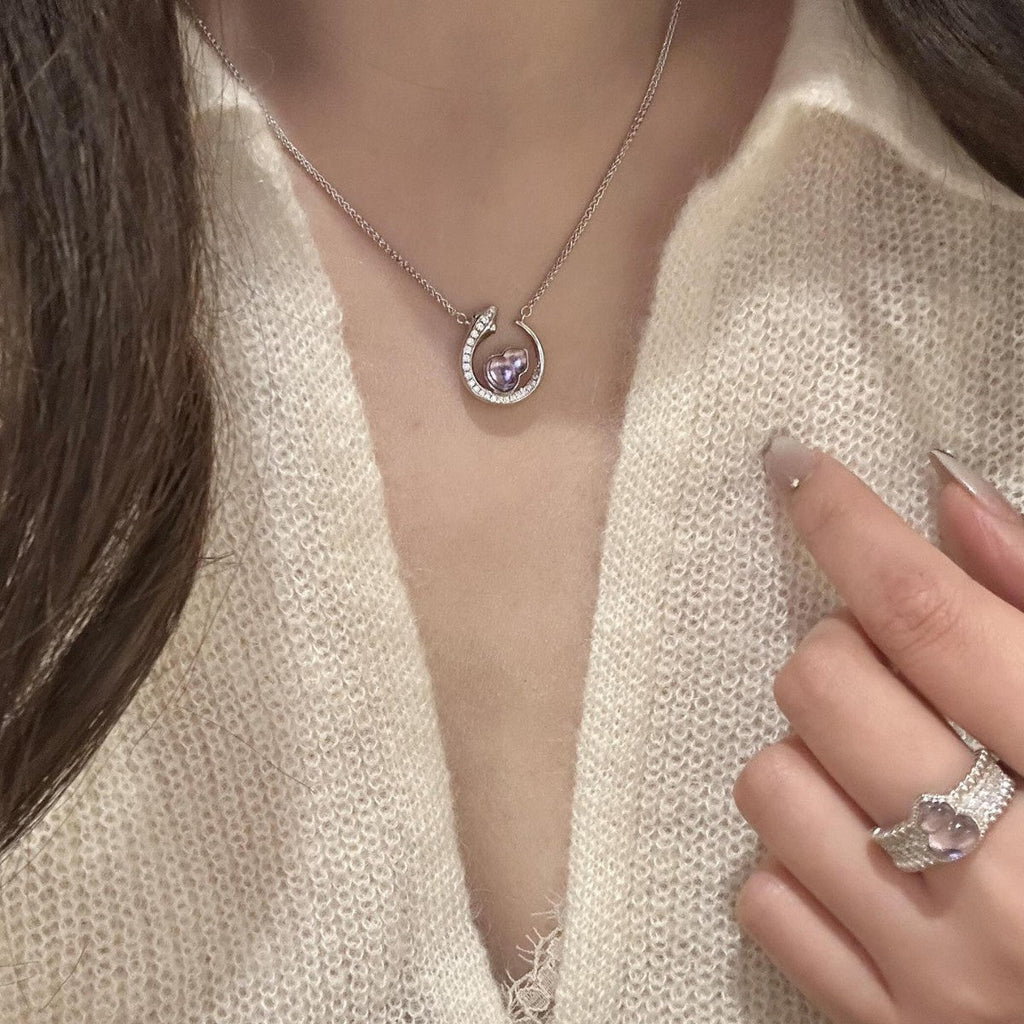 S925 sterling silver Purple Crystal Gourd Moon Necklace Ring