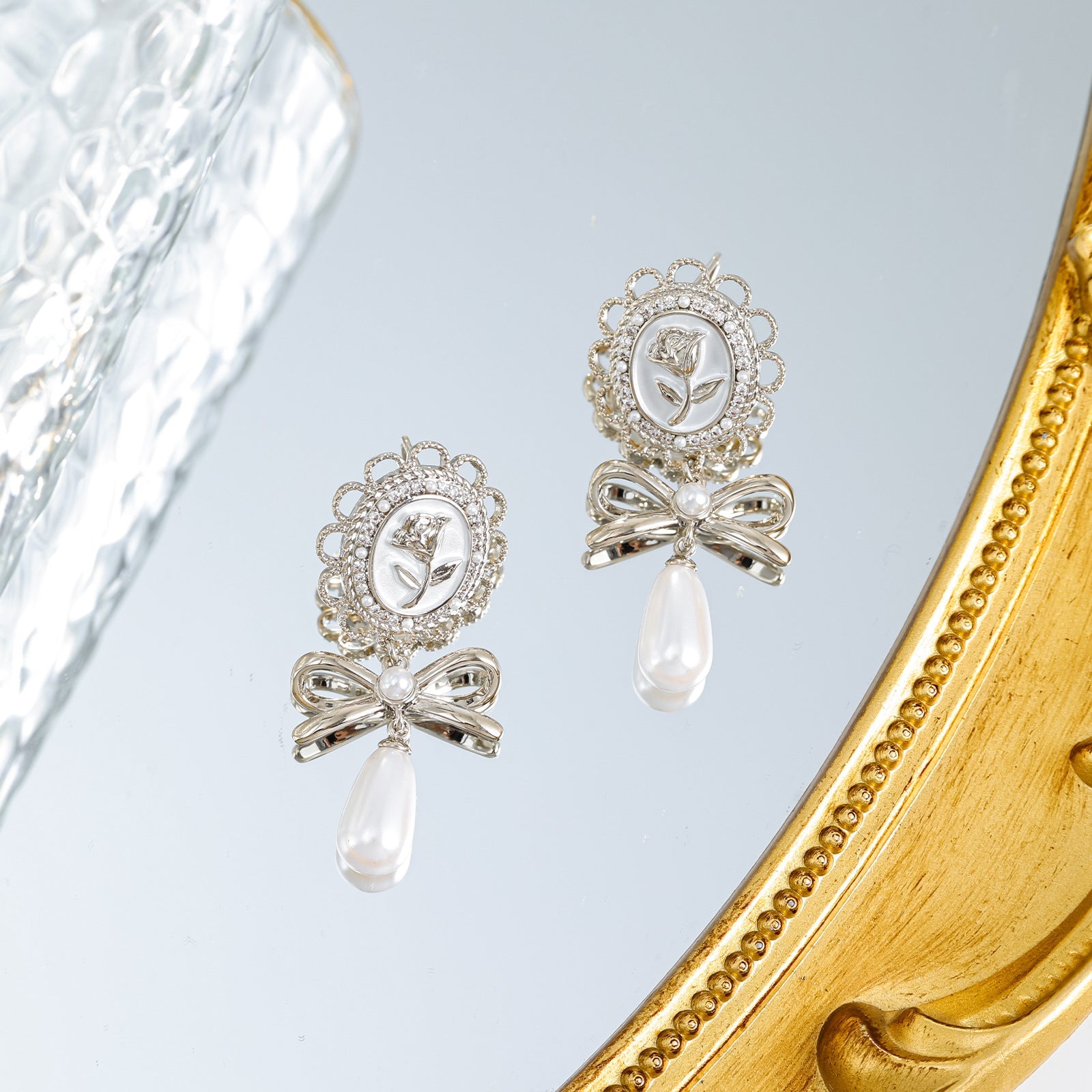 925 silver needle gold-plated zircon oil painting rose pearl earrings
