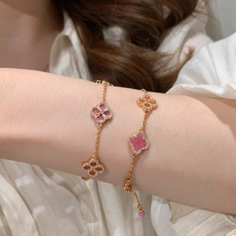 Rose Pink Flower Flash Diamond Clover Bracelet Necklace Earrings