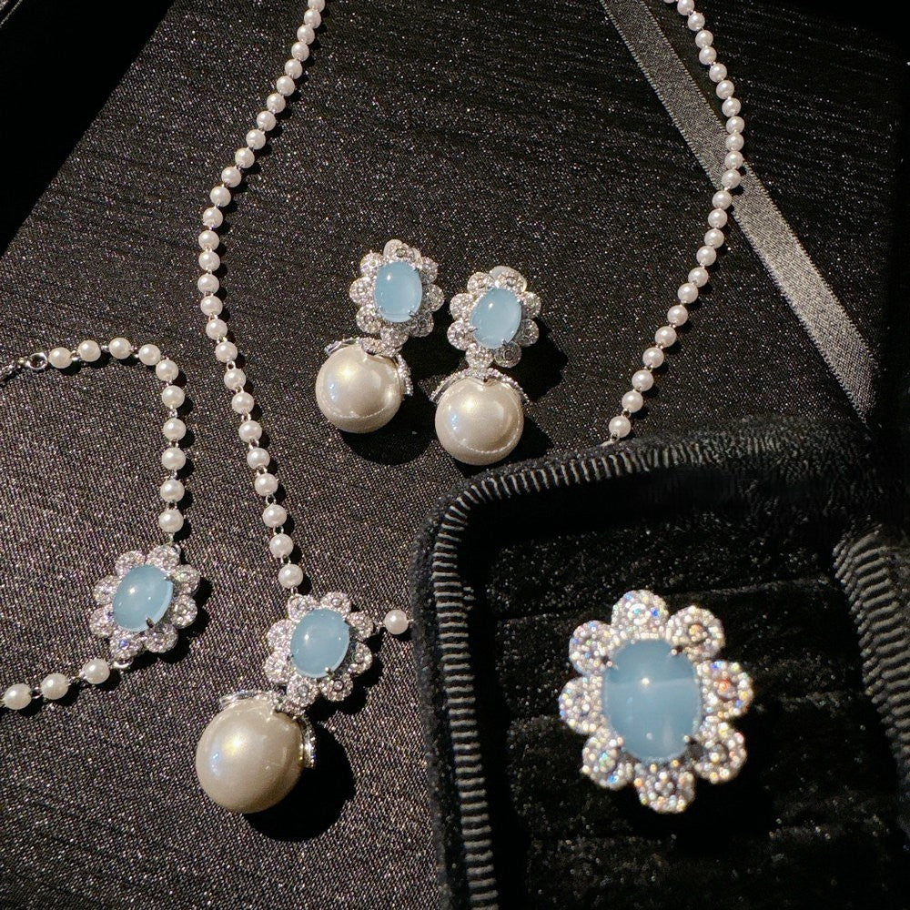 トルコ産ブルーカルセドニー深海真珠花宝石パールネックレスブレスレットリングイヤリングセット