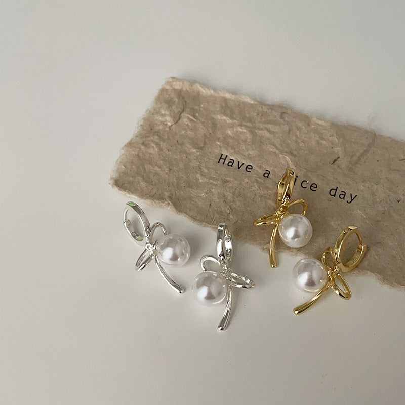 925 silver needle plated with real gold Bow Pearl Earrings
