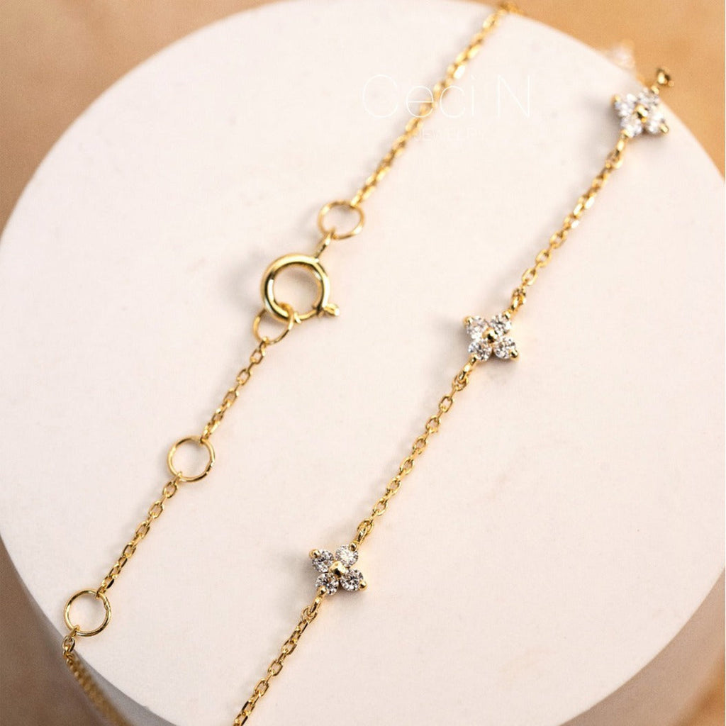 S925 silver plated 18K gold clover necklace bracelet ring earrings set