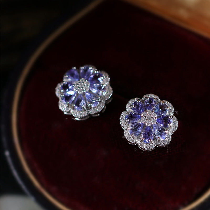 No fading 925 sterling silver natural tanzanite flower earrings