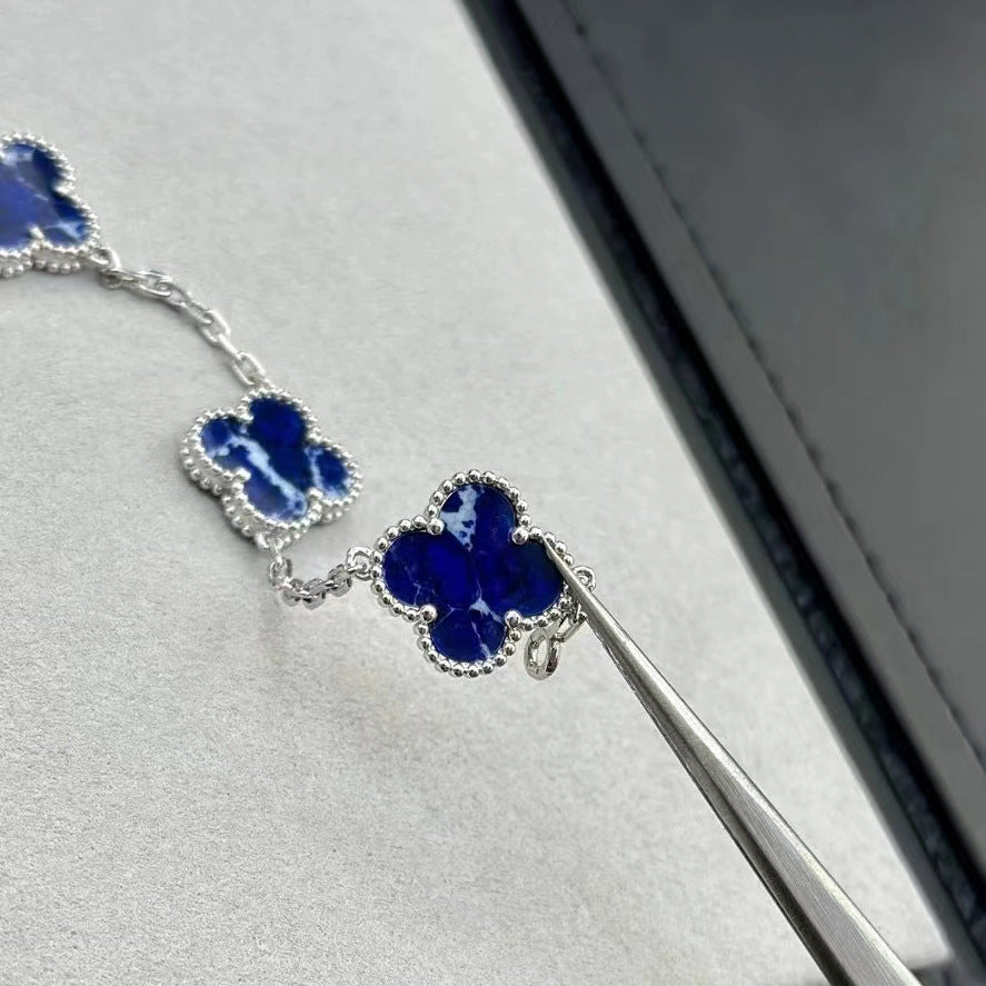 Blue Peter stone clover bracelet silver obsidian necklace bracelet set