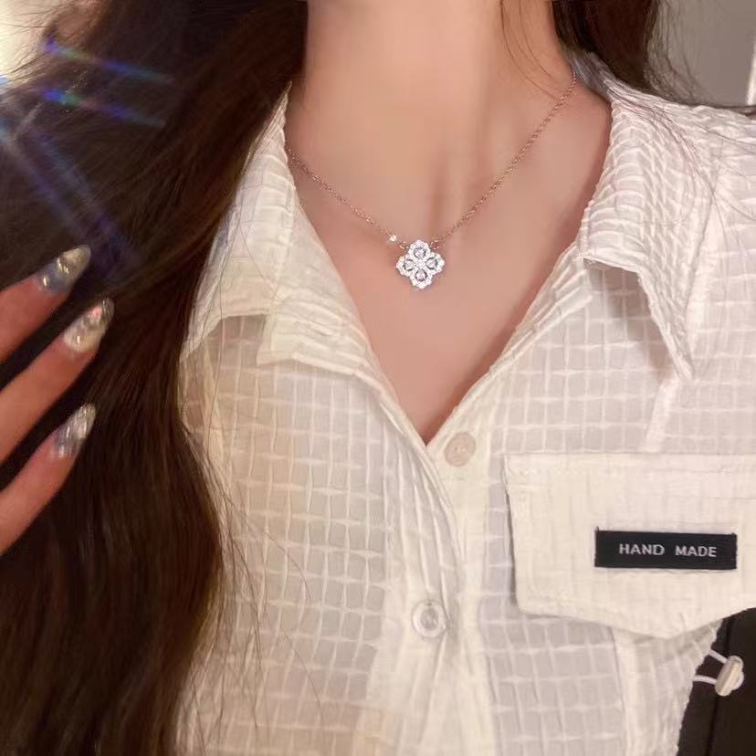 S999スターリングシルバーフラッシュダイヤモンド四つ葉のクローバーネックレスイヤリングセット