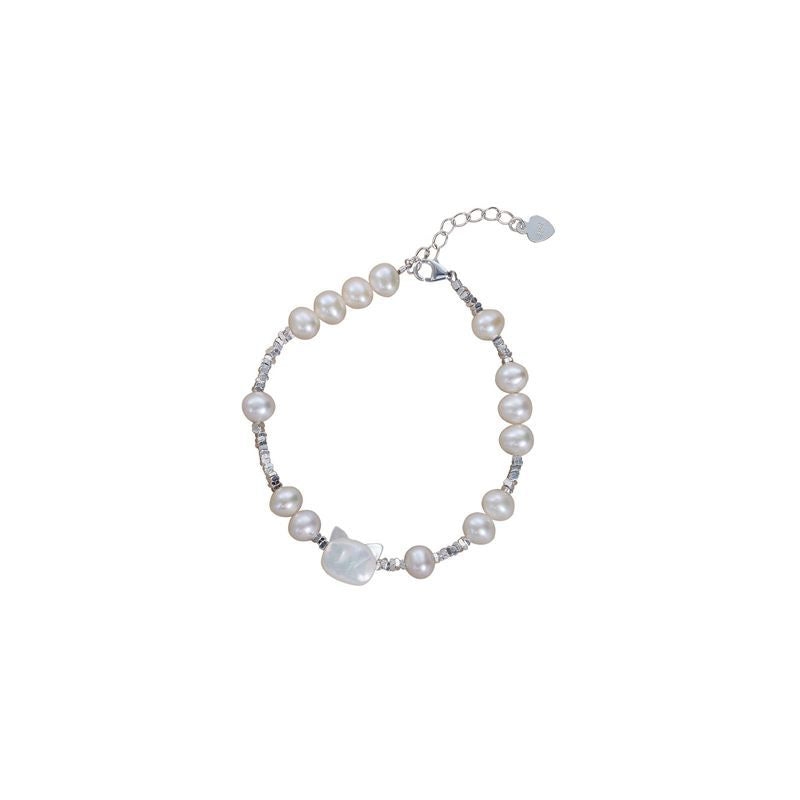 Cute cat freshwater pearl silver white Fritillaria bracelet
