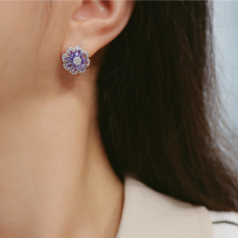No fading 925 sterling silver natural tanzanite flower earrings