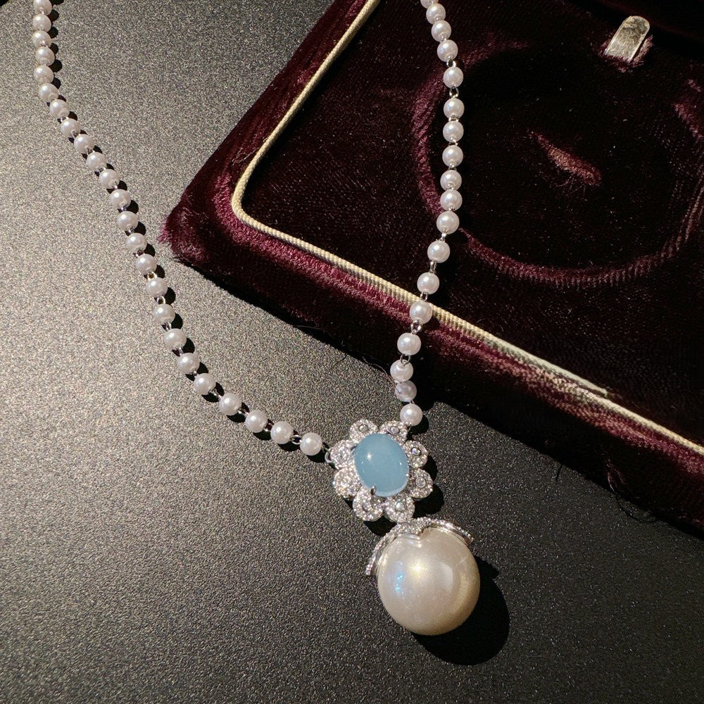 トルコ産ブルーカルセドニー深海真珠花宝石パールネックレスブレスレットリングイヤリングセット