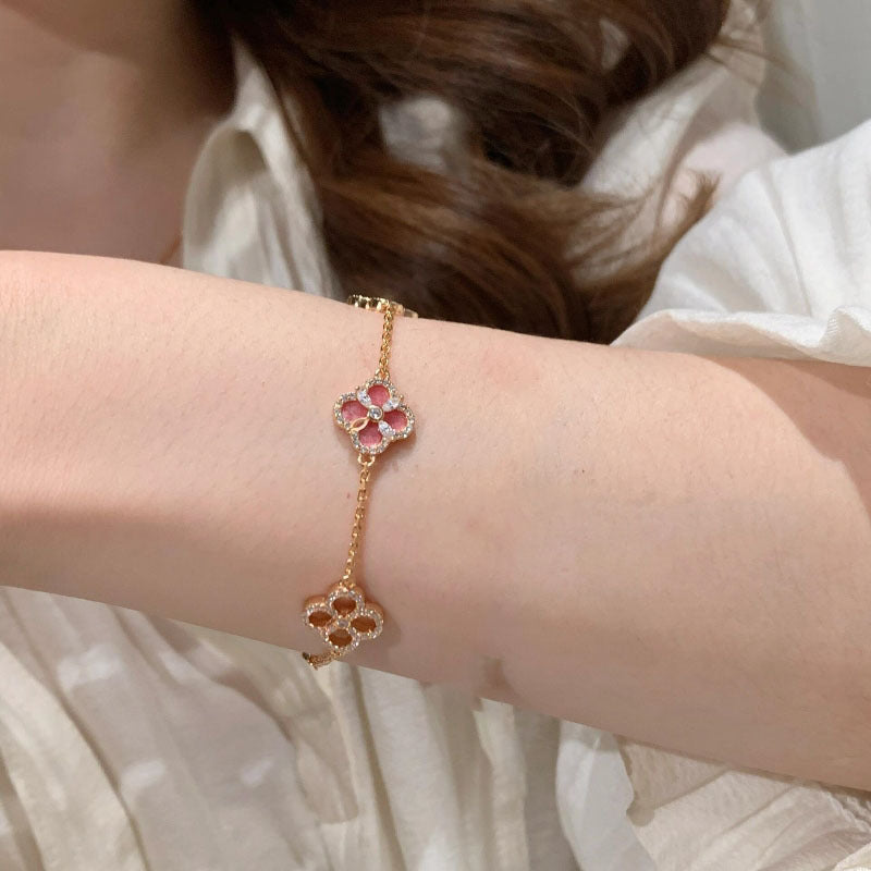 Rose Pink Flower Flash Diamond Clover Bracelet Necklace Earrings