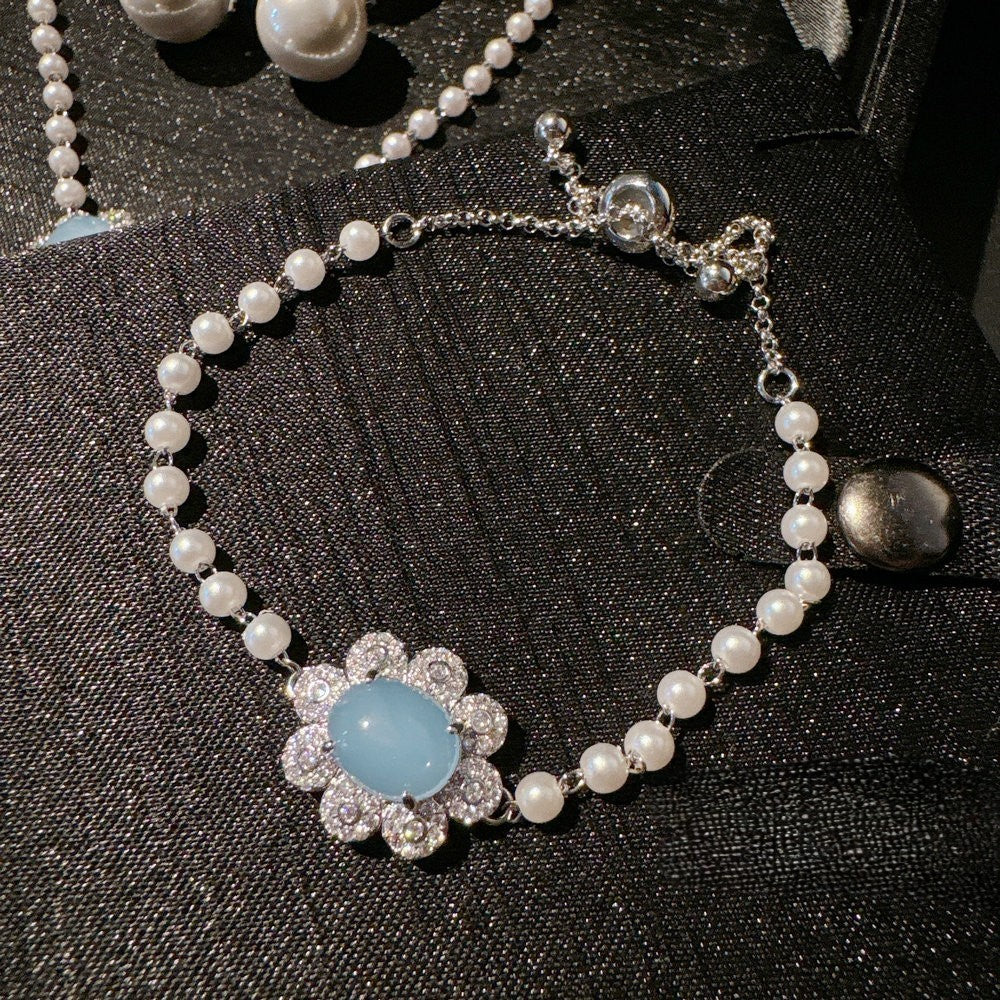 トルコ産ブルーカルセドニー深海真珠花宝石パールネックレスブレスレットリングイヤリングセット