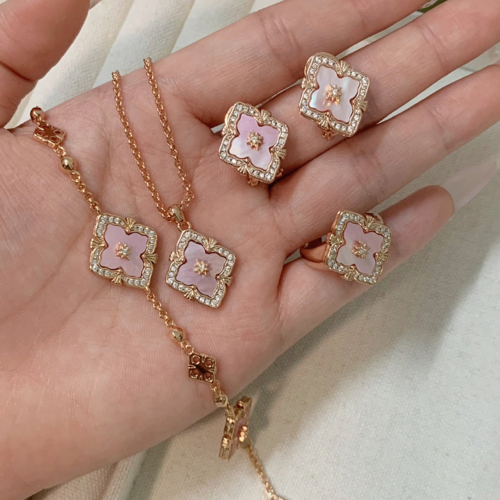 Natural Fritillaria pink clover necklace bracelet ring earrings set