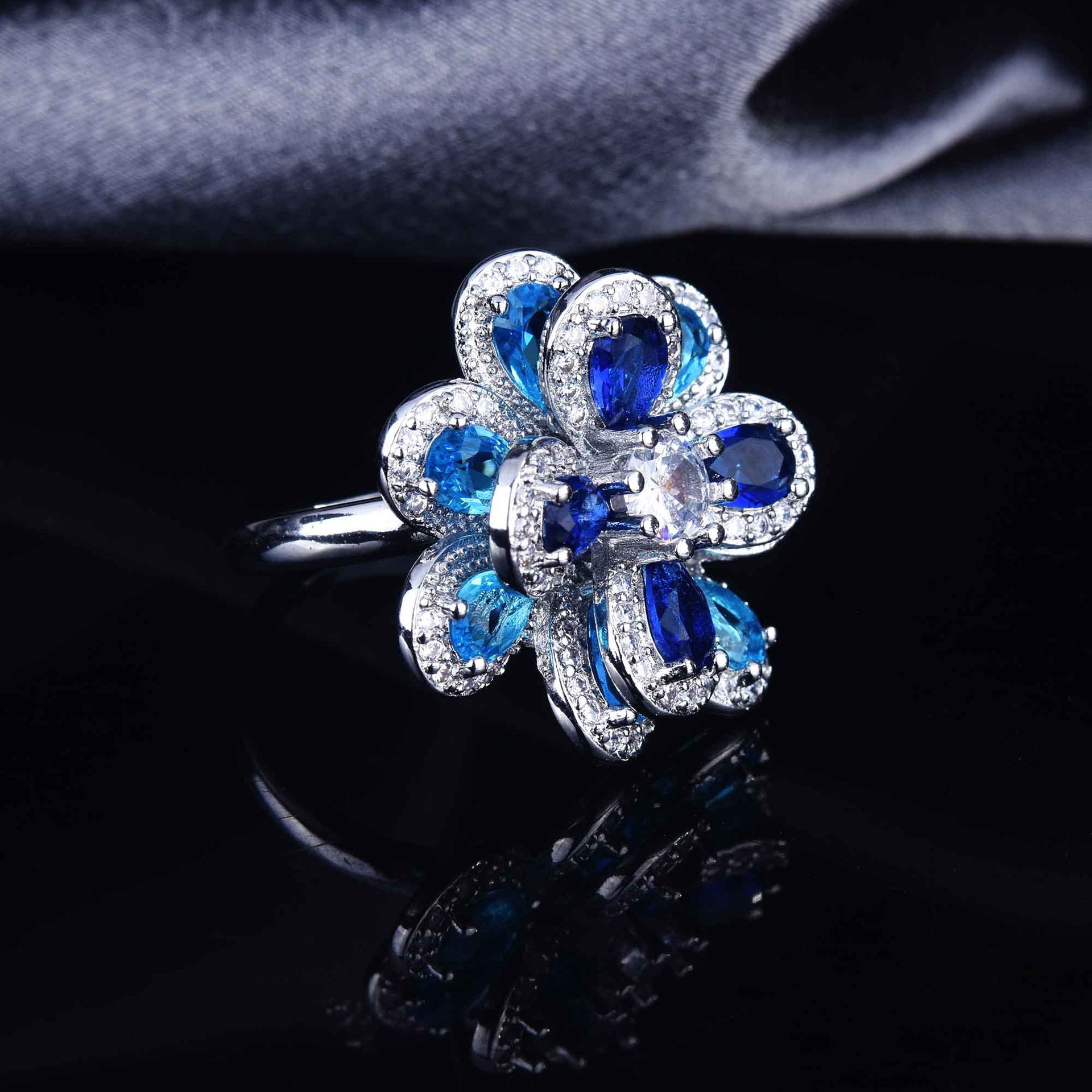 Zircon Flower Silver Needle Earrings Camellia Necklace Bracelet Ring Set