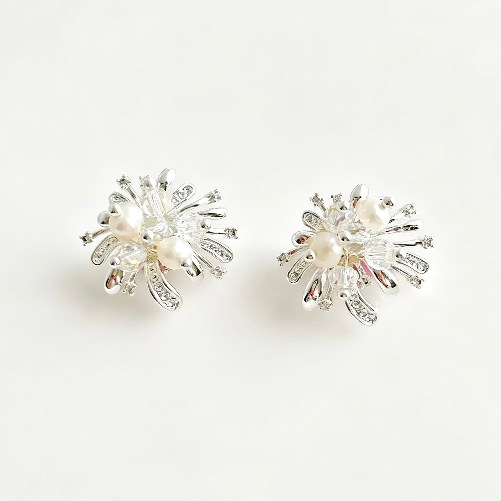 925 Sterling Silver Needle Dazzling Micro‑Paved Zircon Firework‑Shaped Crystal Pearl Stud Earrings