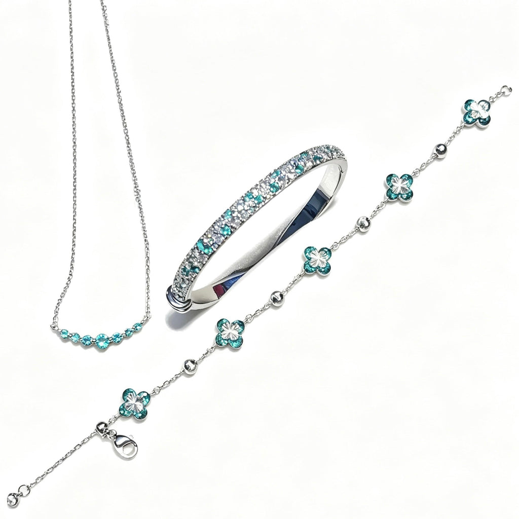 Real Gold‑Plated Paraiba Mint Salt Ice Jewelry Set, Smile Necklace & Full‑Paved Zircon Bracelet