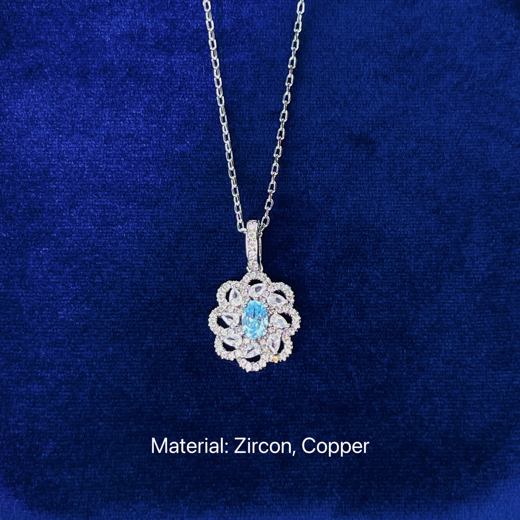 Hollow aquamarine full diamond flower ring necklace earrings set