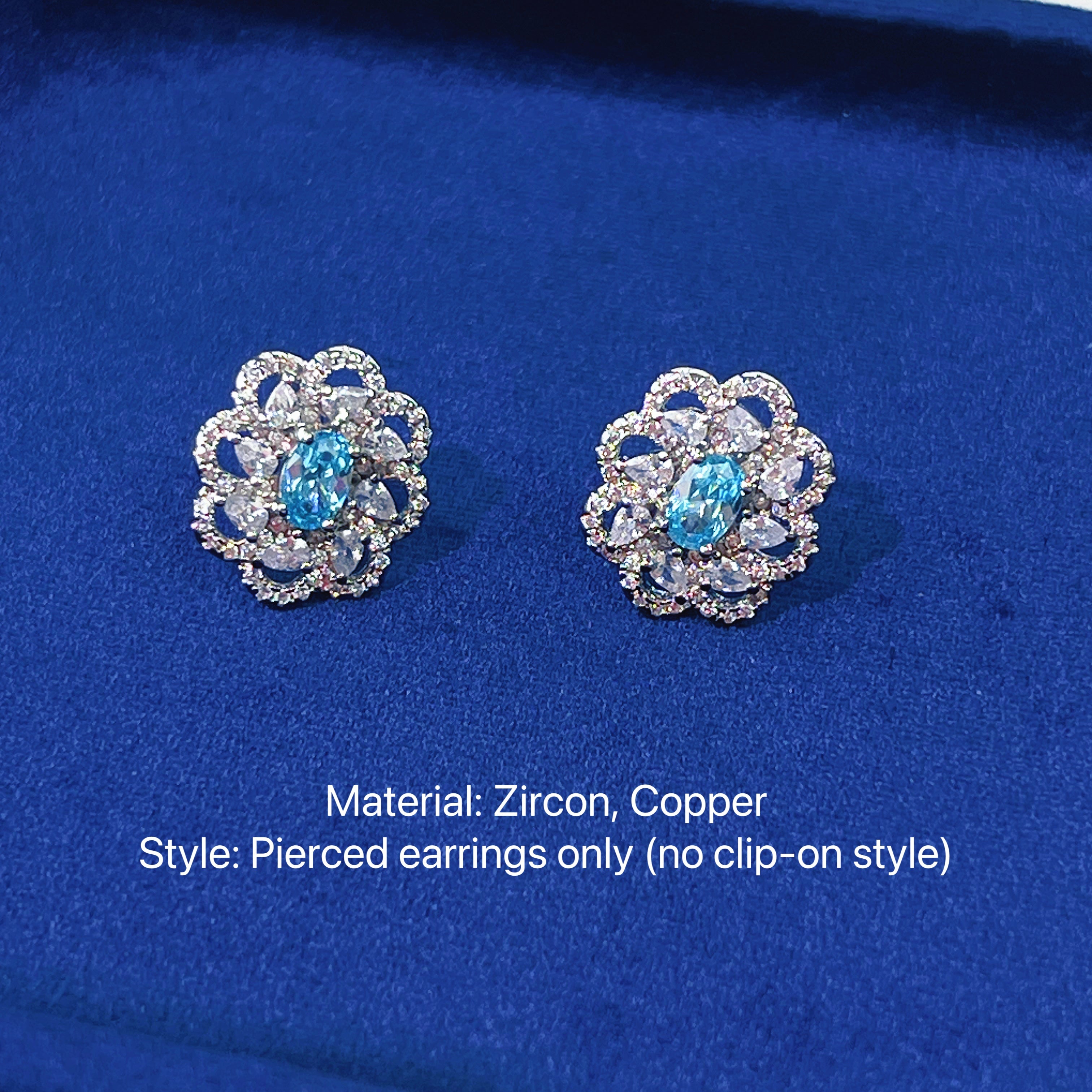 Hollow aquamarine full diamond flower ring necklace earrings set