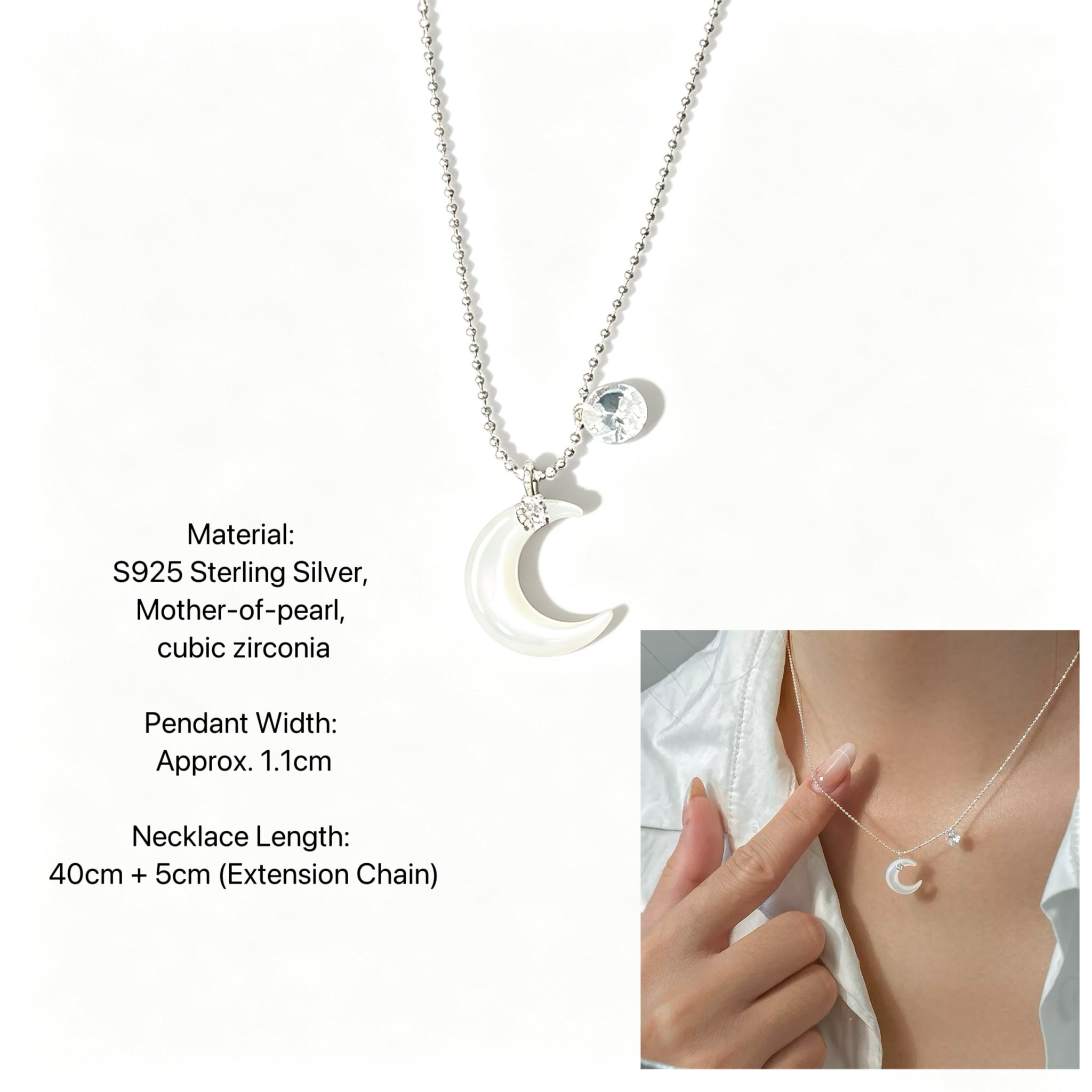S925スターリングシルバーホワイトダイヤモンドシェルムーンネックレス