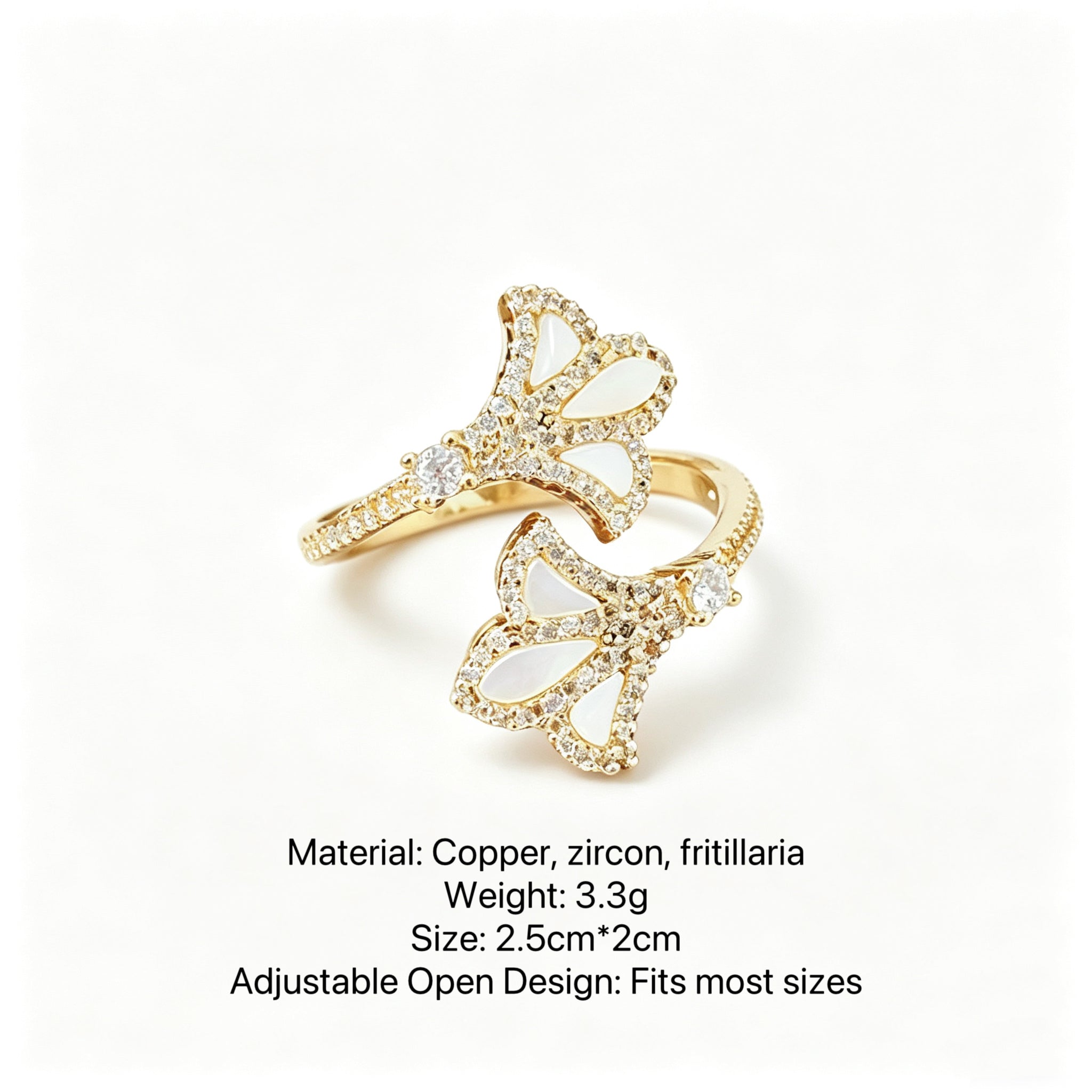 18K Gold Plated Zircon Mother-of-Pearl Iris Open Bracelet and Ring