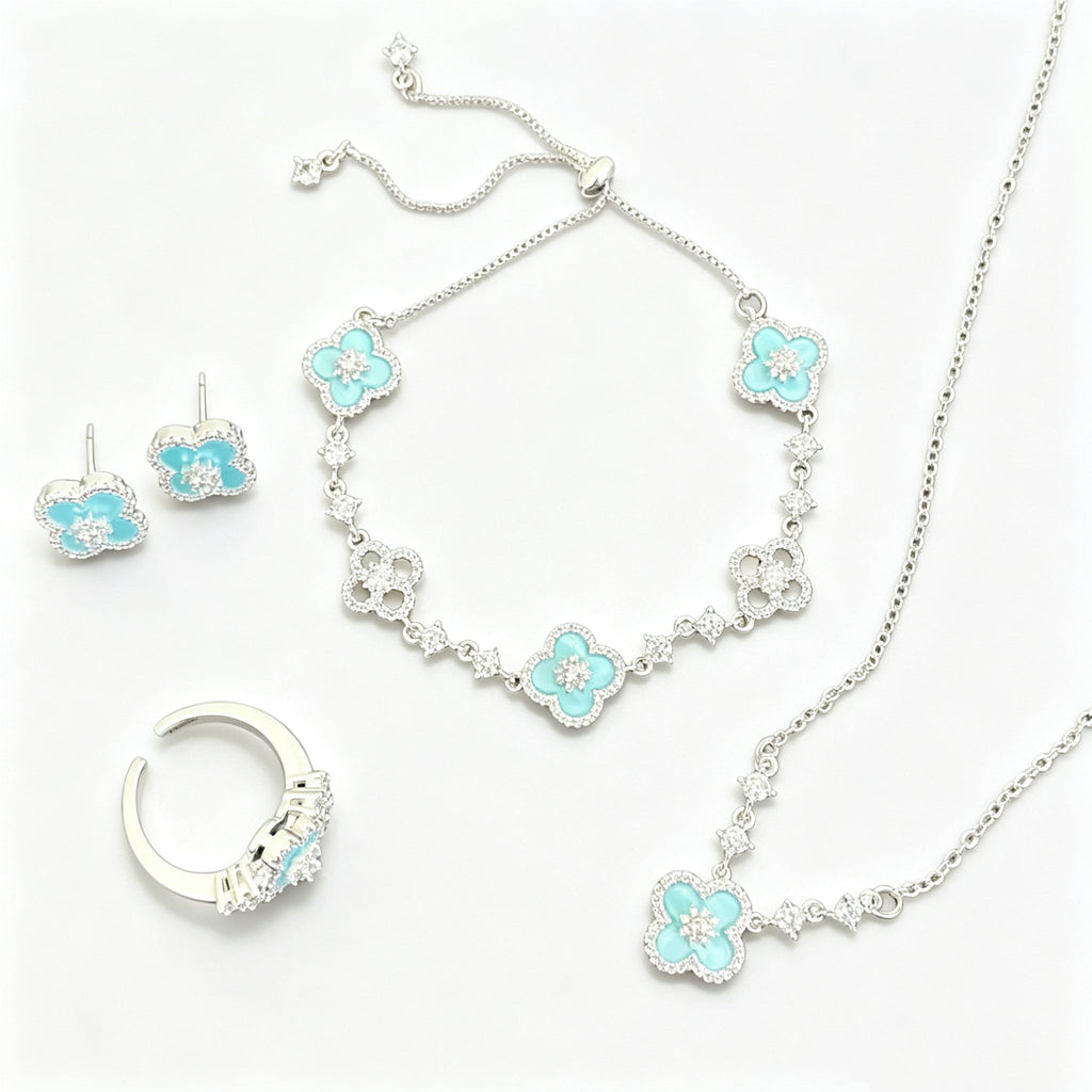 Sky Blue Four-Leaf Clover Jewelry Set