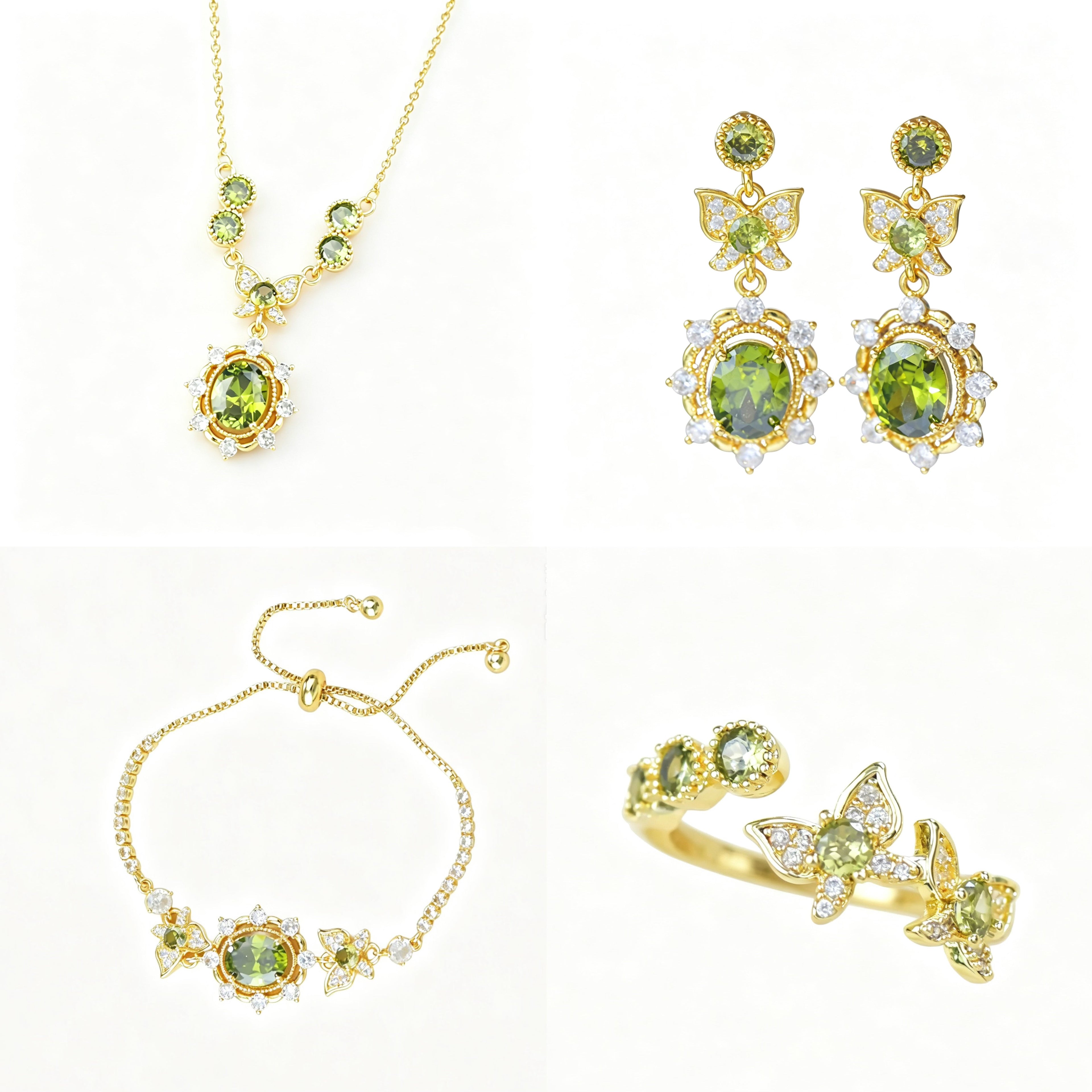 Olive‑Green Zircon Lavender Manor Series Butterfly Jewelry Set, Earrings Necklace Bracelet Rings