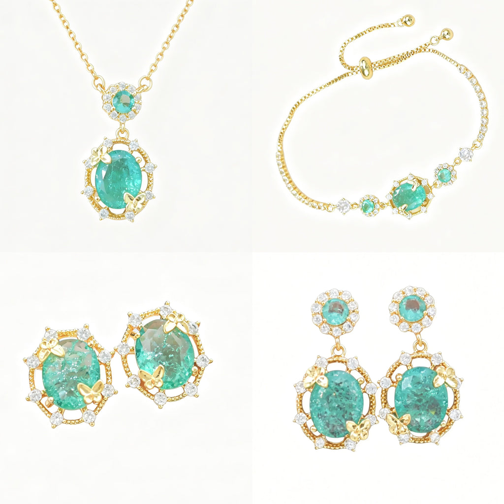 Ice‑Flake Zircon Lake‑Blue Butterfly Jewelry Set Necklace Bracelet Earrings