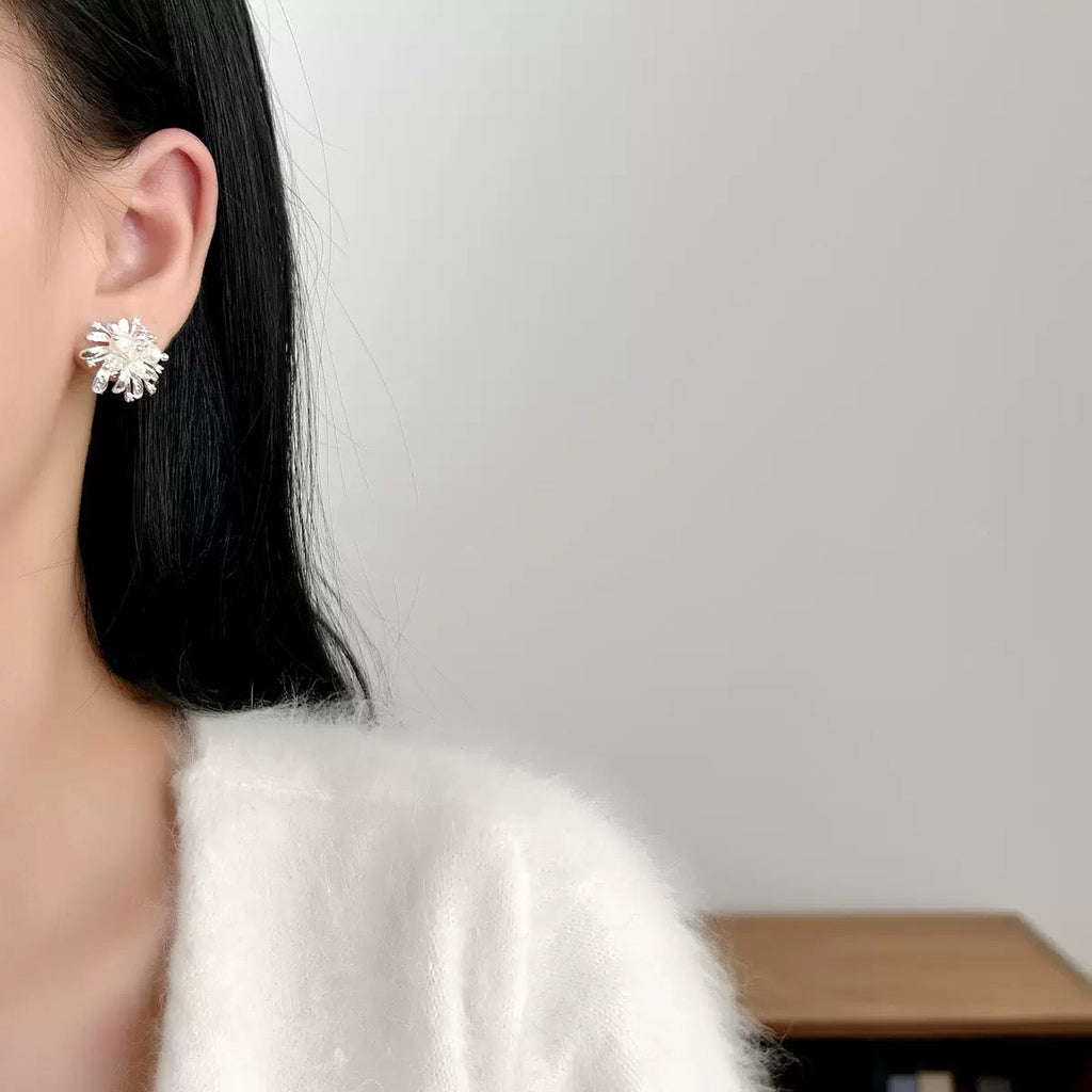 925 Sterling Silver Needle Dazzling Micro‑Paved Zircon Firework‑Shaped Crystal Pearl Stud Earrings