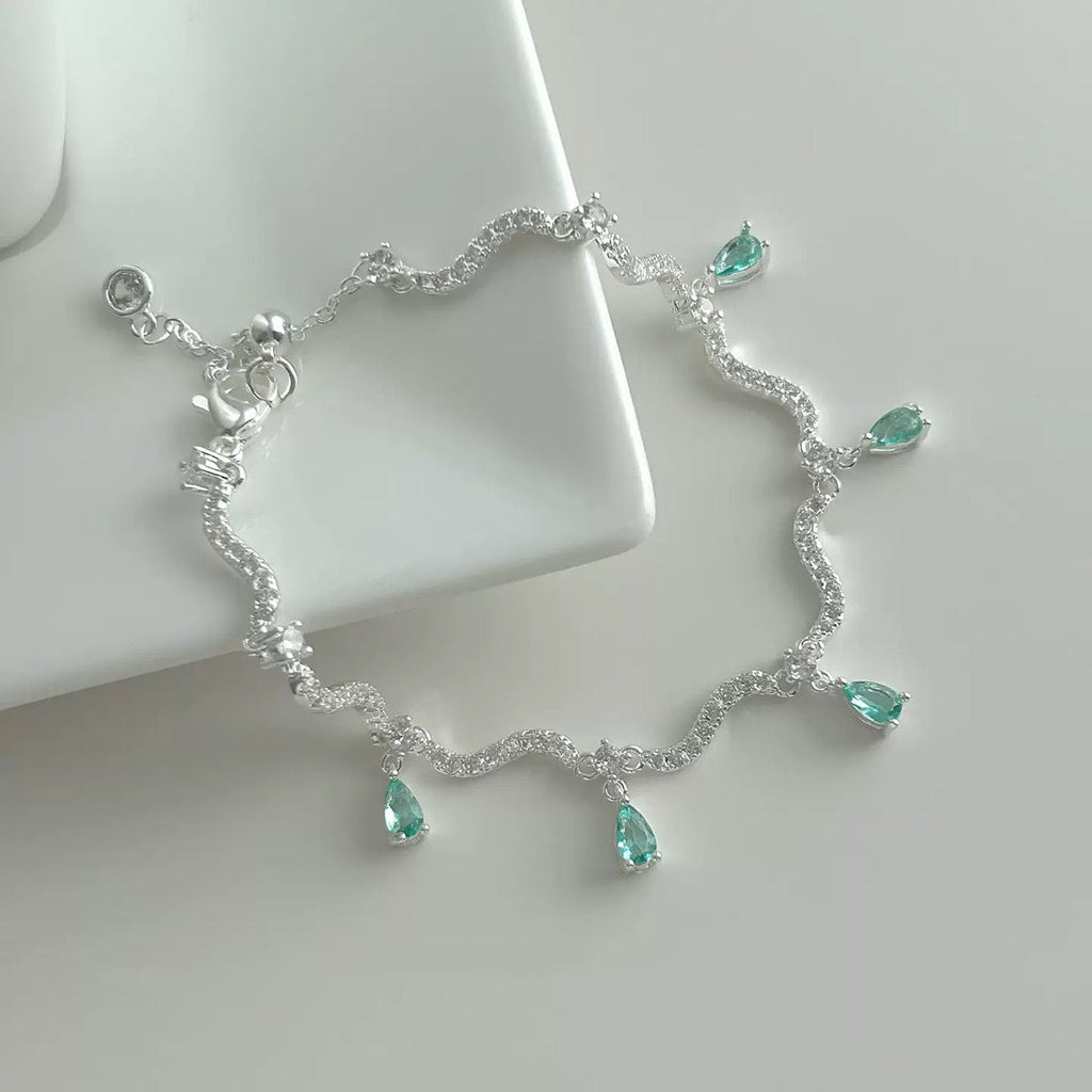 Micro‑Paved Teardrop Green Crystal Silver Bracelet
