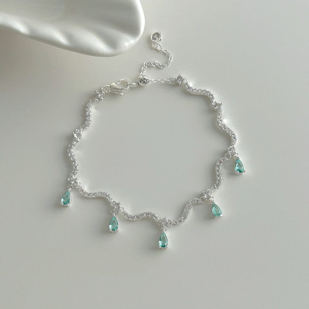 Micro‑Paved Teardrop Green Crystal Silver Bracelet