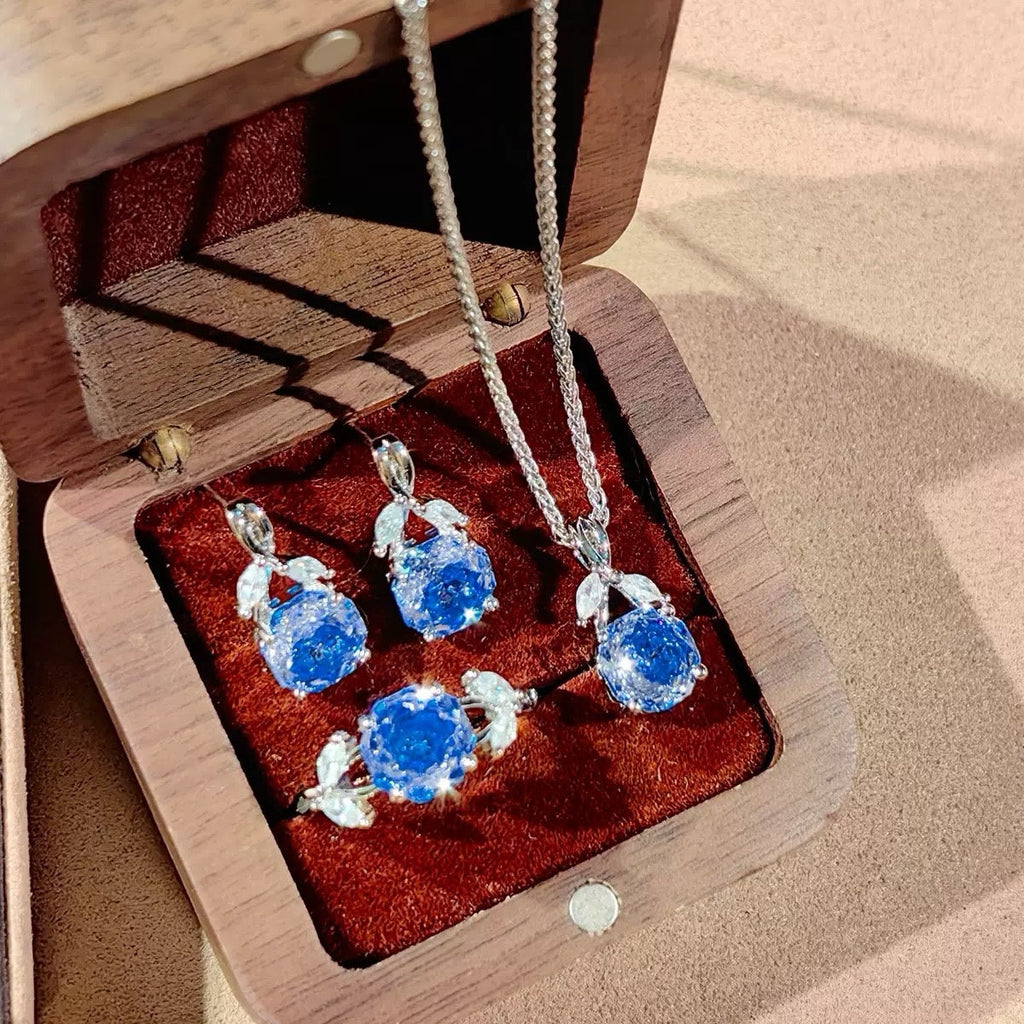 Millennium‑Cut Octagon High‑Carbon Diamond Jewelry Set, Rose Design Necklace Earrings Ring