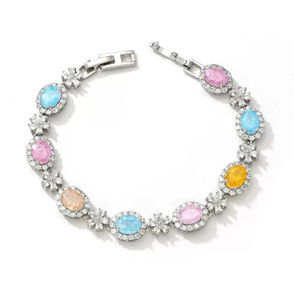 Gold Silver Plated Oval Shaped Ice Flower Zircon Bracelet