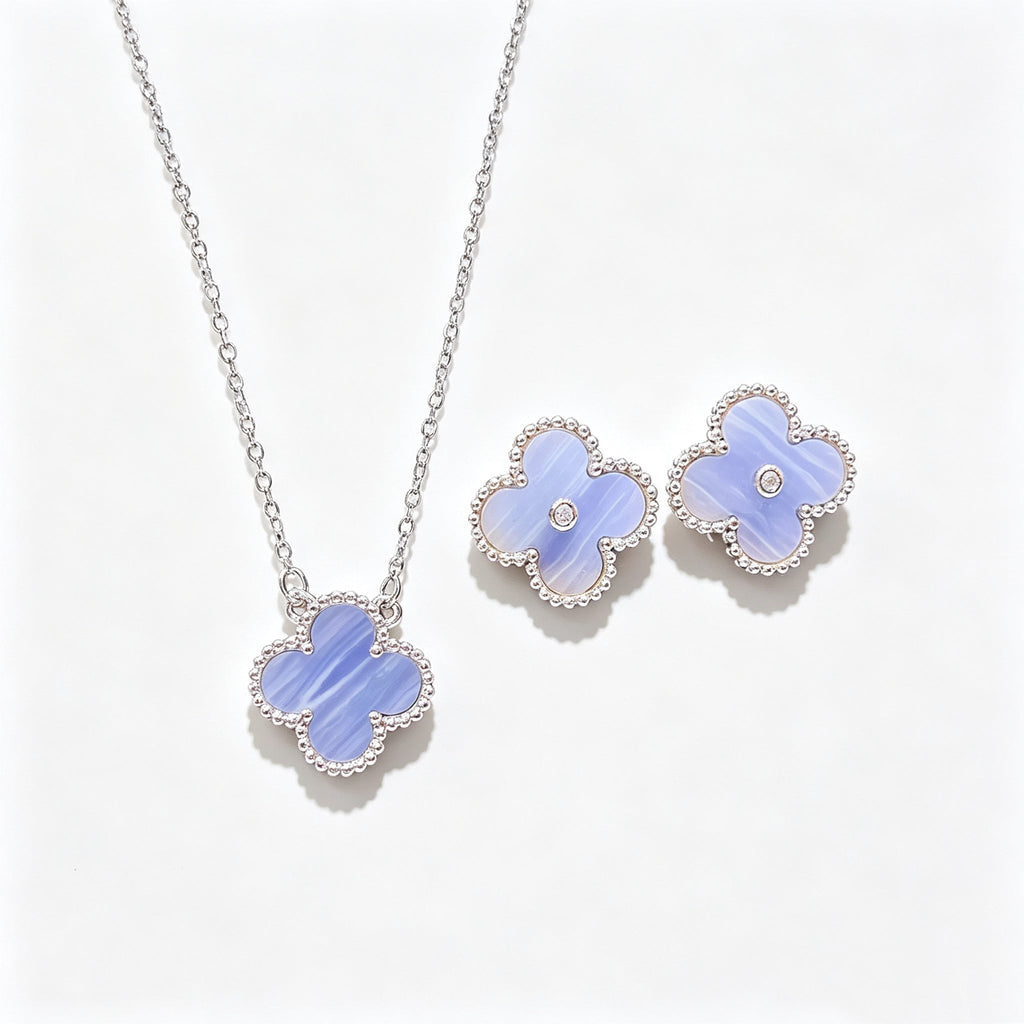 Light Blue Celadon Stone Purple Chalcedony Four Leaf Clover Necklace Bracelet Earring Set