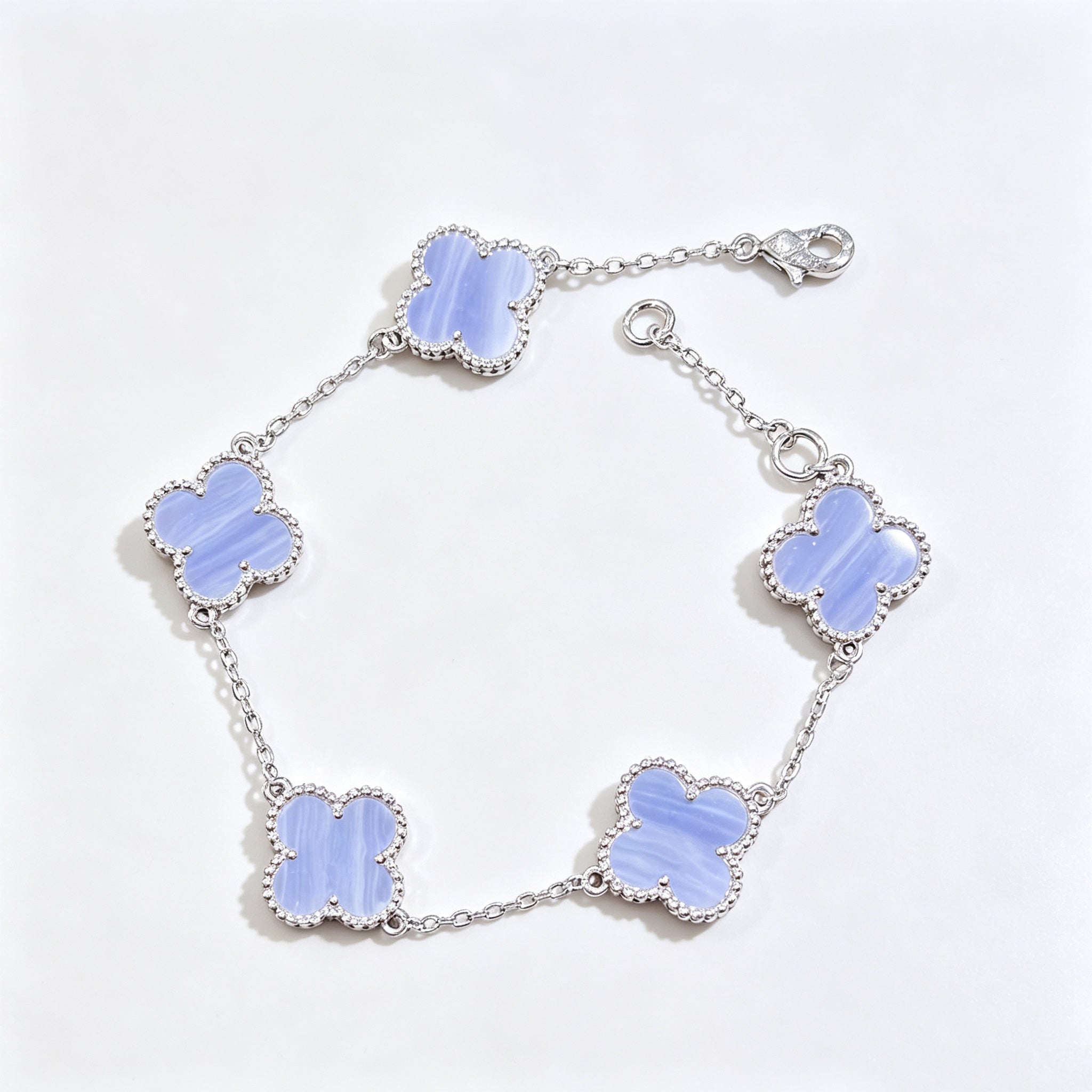 Light Blue Celadon Stone Purple Chalcedony Four Leaf Clover Necklace Bracelet Earring Set